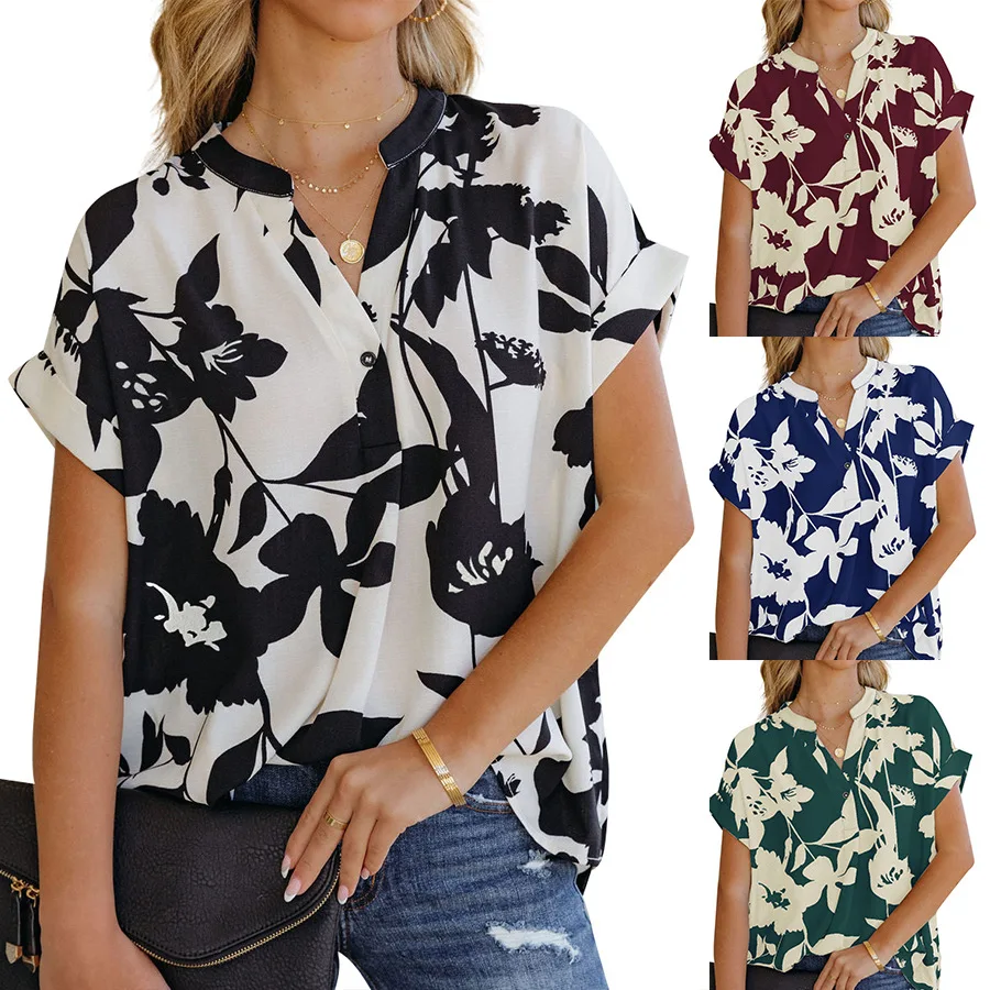 

2022 New Women Printed Flowers Blouse Fashion Loose Style Summer Clothes Chiffon Sexy V-neck Shirt Button Tops