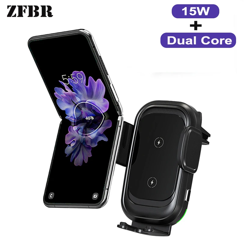 

Dual Coil 15W Car Wireless Charger for Samsung galaxy z flip3 5g Mobile Phone Holder Car Bracket Fast Charger for iphone 13 12