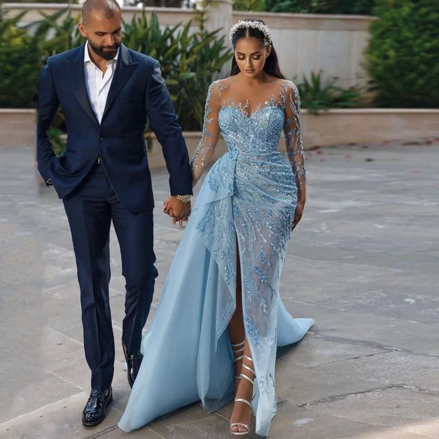 

فستان سهرة 2023 Elegant Blue Sequin Beaded Evening Dress Arabic Dubai Luxury Beading Party Dress Side Slit Organza Prom Dresses