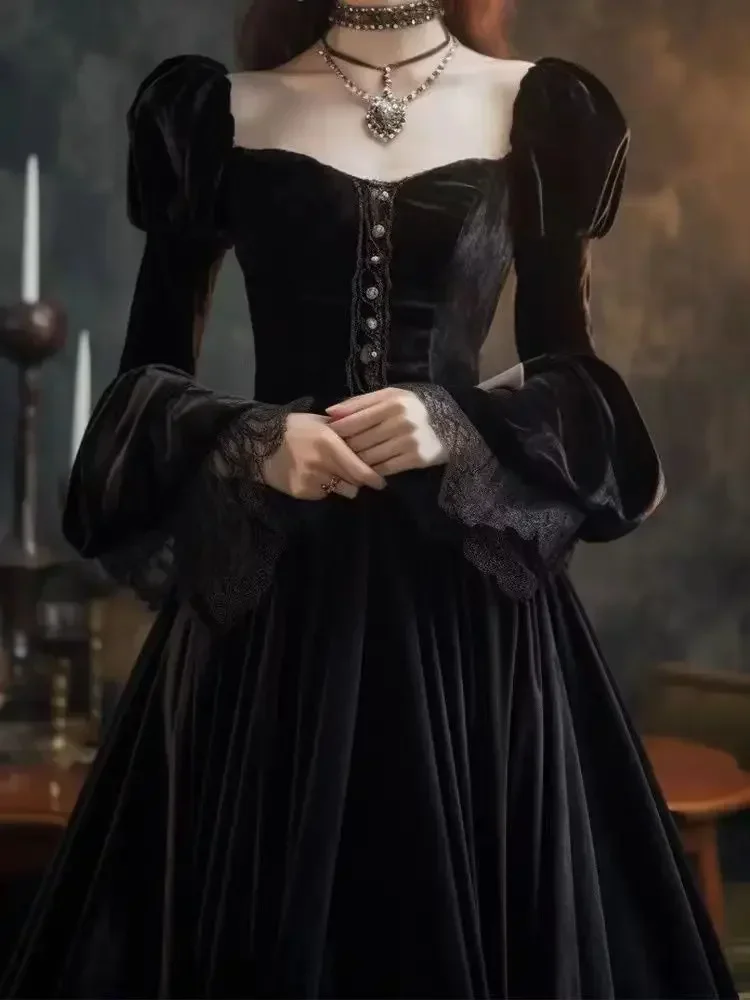 Korejepo Черное платье в дворцовом стиле осенние бархатные платья богиня нежная