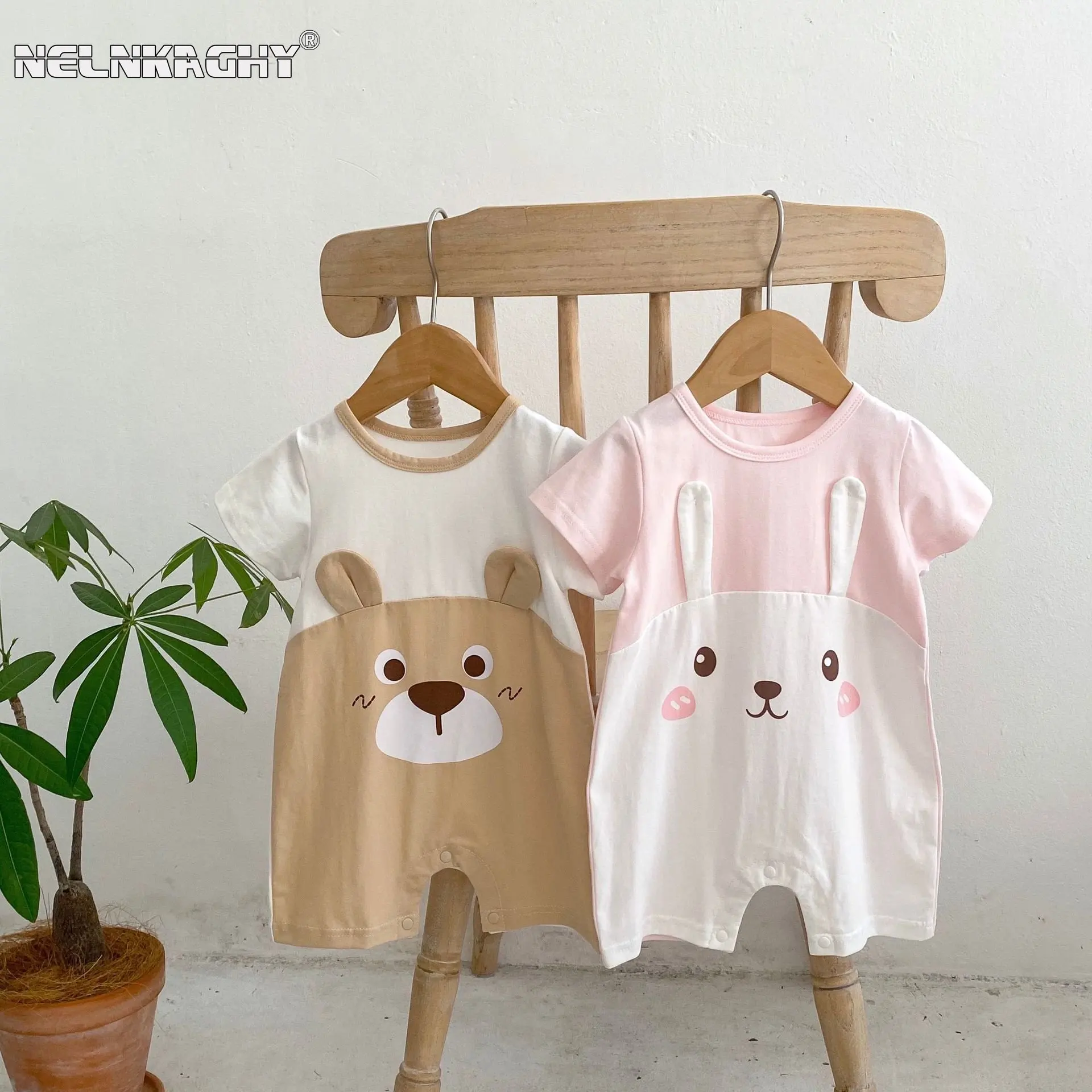 New In Summer Kids Baby Girls Thin Patchwork Cute Bunny bear Short Sleeve Jumpsuits Toddler Cotton Outwear Infant Newborn Romper