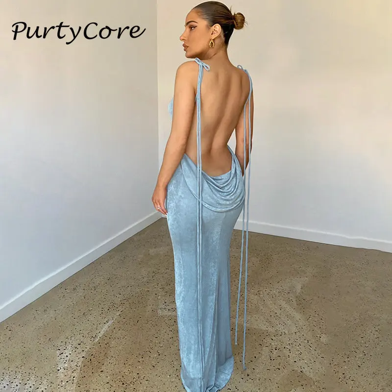 

2023 Elegant Fashion Halter Sexy Backless Draped Long Dress Women Summer Lace Up Club Party Long Straps Shift Maxi Dresses