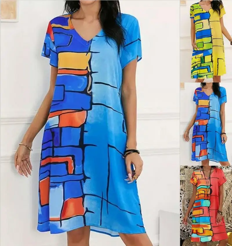 

2022 Women Dress Summer V-Neck Print Soft Pullover Loose Waist A-Line Knee-Length Casual Comfortable Fashion Leisure Lady Dress