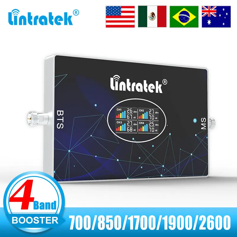 

Lintratek 4 Band Cellular Amplifier B28 700 850 1700 1900 2600 MHz LTE 2G 3G 4G Signal Booster AWS PCS B4 B2 70dB Repeater