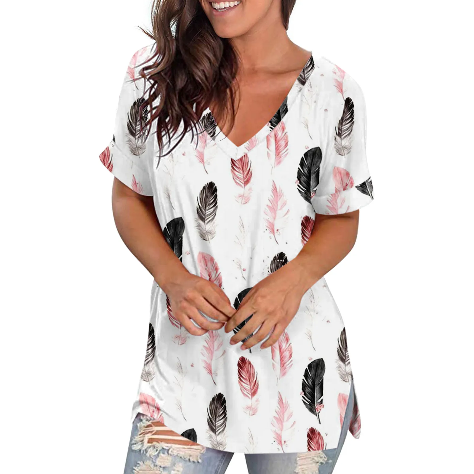 

Womens Summer Tops Floral Short Sleeve V Neck T Shirts Tee Printed Side Split Tunic Spandex Long Sleeve Shirt