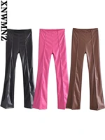 xnwmnz women 2022 vents hem faux leather skinny flare pants vintage high waist side zipper female trousers mujer korean fashion