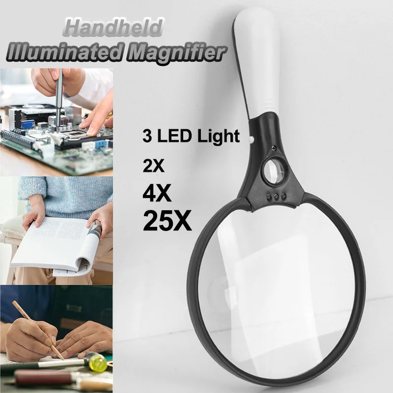 2X 4X 25X лупа с подсветкой 3 светодиода портативная ручная мощные очки для чтения