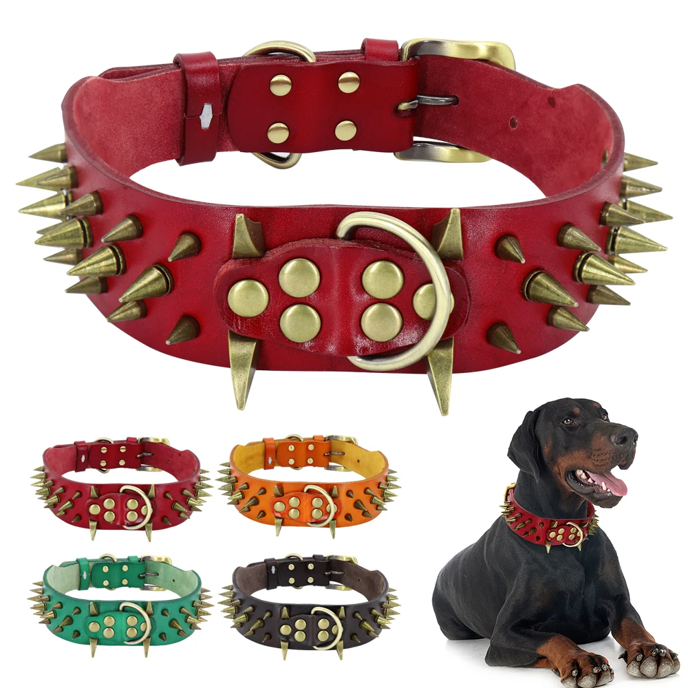 

Large Dog Collar Cool Spikes Studded Dog Collars 2" Wide Leather Pitbull German Shepherd Big Dogs Collars Pet Supplies L XL