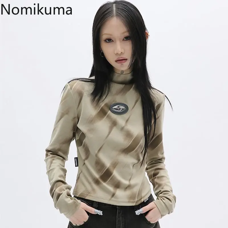 

Nomikuma Blusas Mujer De Moda 2022 половина высоты воротник Градиент эстетика длинный рукав тройники Винтаж Harajuku уличная одежда Femme