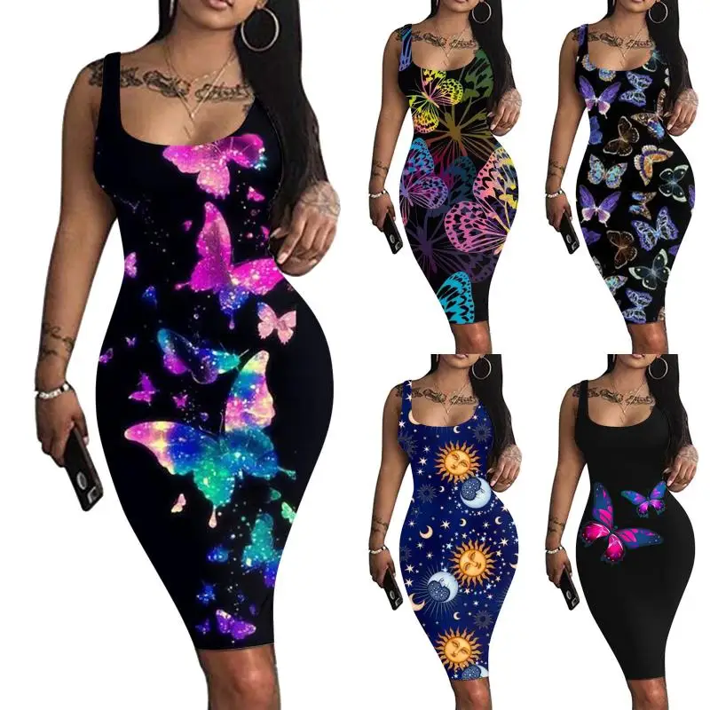 

Sexy Butterfly 3D Printing Dress Fashion Summer Women Slim Fit Sleeveless Spaghetti Strap Dresses Club Night Party Dress