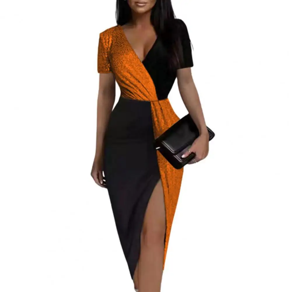 

Lady Casual Dress Spring Autumn Elegant Sequined V Neck Dress Sexy Slim Split Fork Long Sleeve Folds High Waist Party Dress