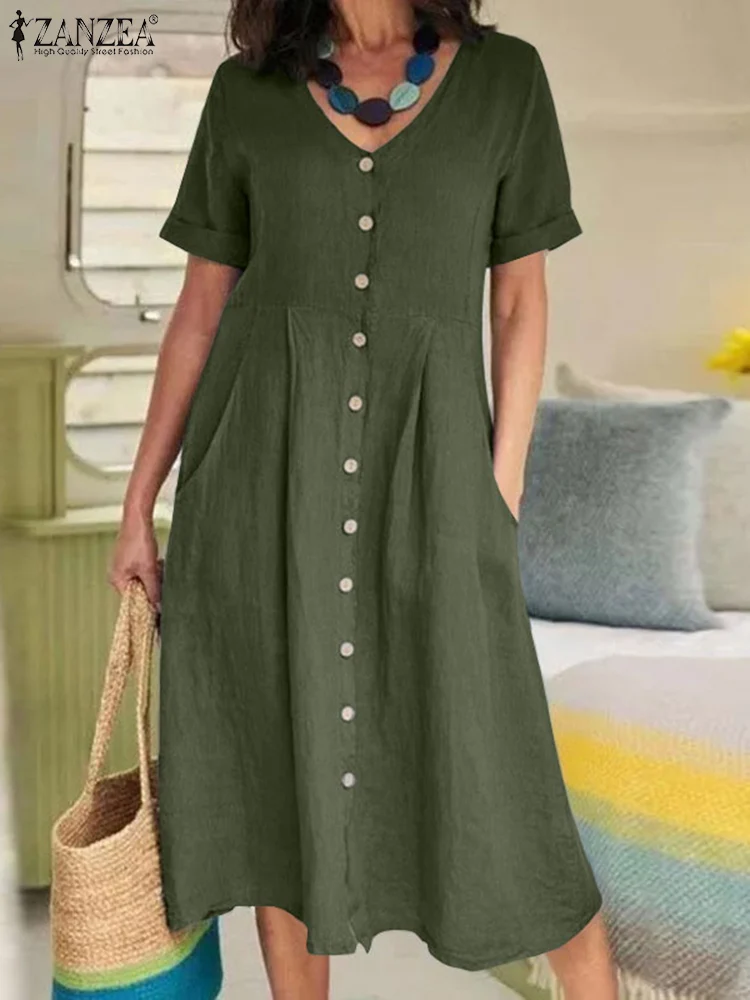 

Модное Элегантное женское платье ZANZEA 2023, летний сарафан средней длины с V-образным вырезом и коротким рукавом, однотонное хлопковое Повседн...