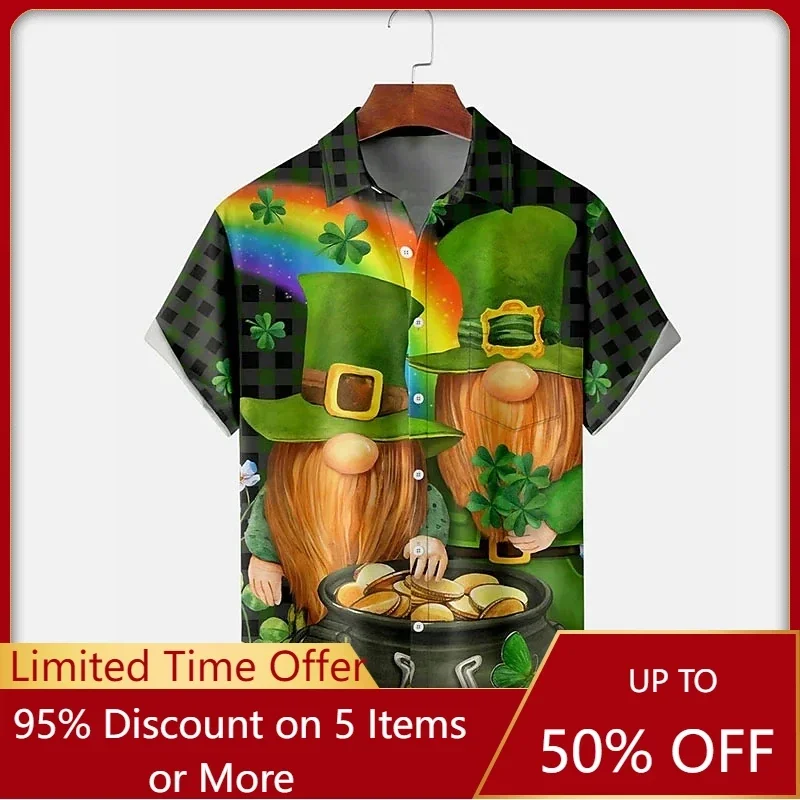 

Мужская Летняя гавайская рубашка с короткими рукавами, зеленая уличная рубашка с отложным воротником и изображением клевера на День Св. Патрика