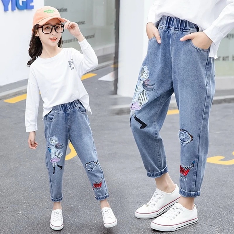 

Новые модные джинсы с мультяшным рисунком для девочек-подростков, детские джинсы с эластичным поясом, джинсовые брюки для девочек, детская одежда