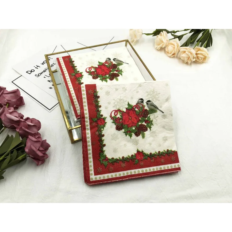 

Christmas Models Red Lace Birds Colorful Printed Napkins Christmas Celebration Party Paper Napkins Mouth Cloth 33*33cm Wholesale