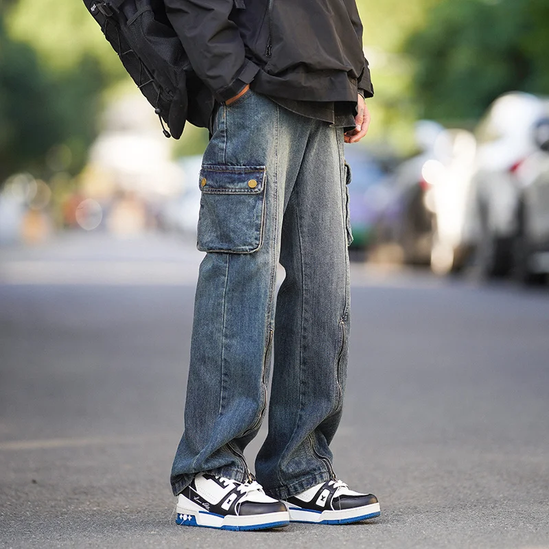 Blue Baggy Jeans Men Fashion Vintage Pocket Cargo Jeans MenJapanese Streetwear Hip-hop Loose Straight Denim Pants Mens Trousers