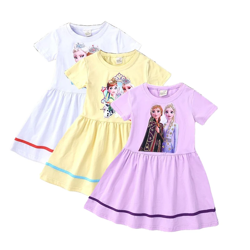 

Girls Baby Disney Clothes Spring Sumner Kids Cartoon Print Short Sleeve Dress 4-10 Years Children Frozen Elsa Princess Dresses