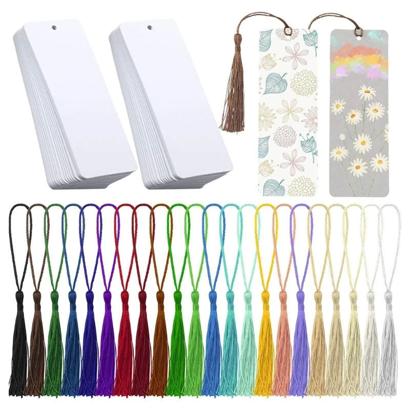 

DXAB 80PCS White Blank Paper Bookmarks with 80Pcs Tassels Thick Cardstock Bookmarks