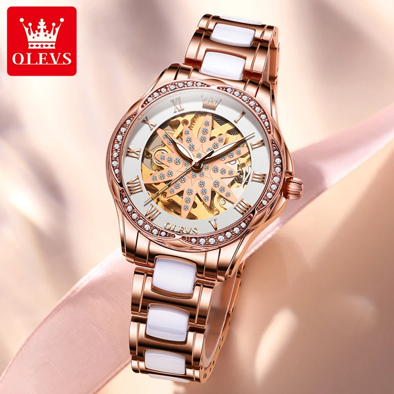 OLEVS 2023 New Fashion Hollow Dial Women Mechanical Watch Luxury Brand High Quality Automatic Watches Leather Strap Waterproof enlarge