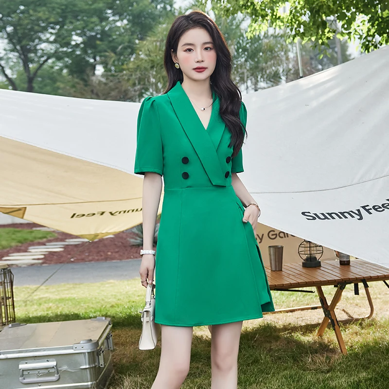 Summer Office South Korean Casual women's Short Sleeved women's Quality Unique Split Design Dress And Shorts 2-piece Set