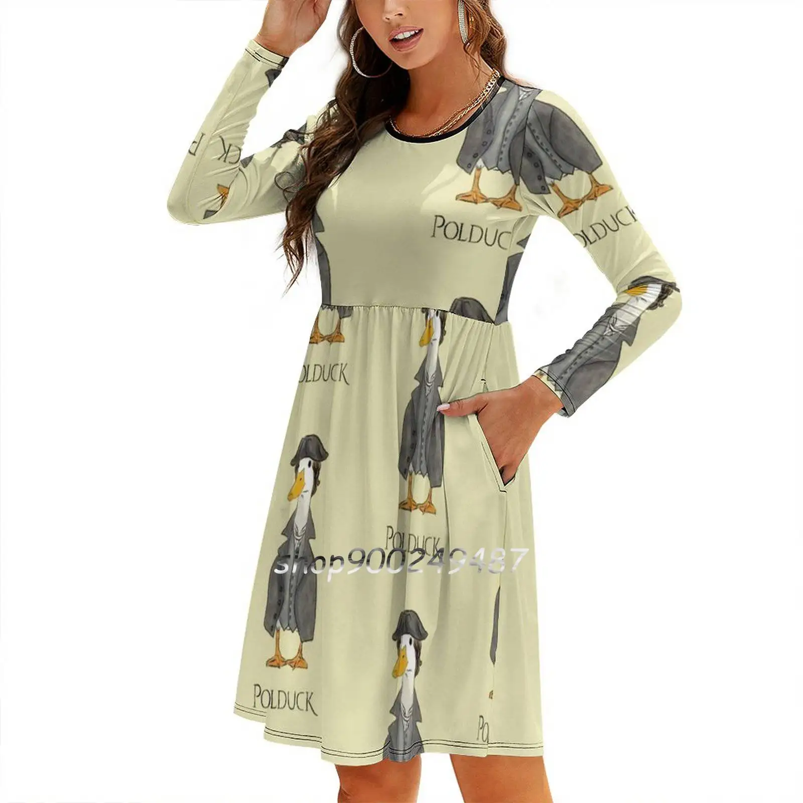 Polduck Sweet Elegant Dress Women Korean Kawaii Square Collar Funny Silly Parody Poldark Duck Cute Bird Goose