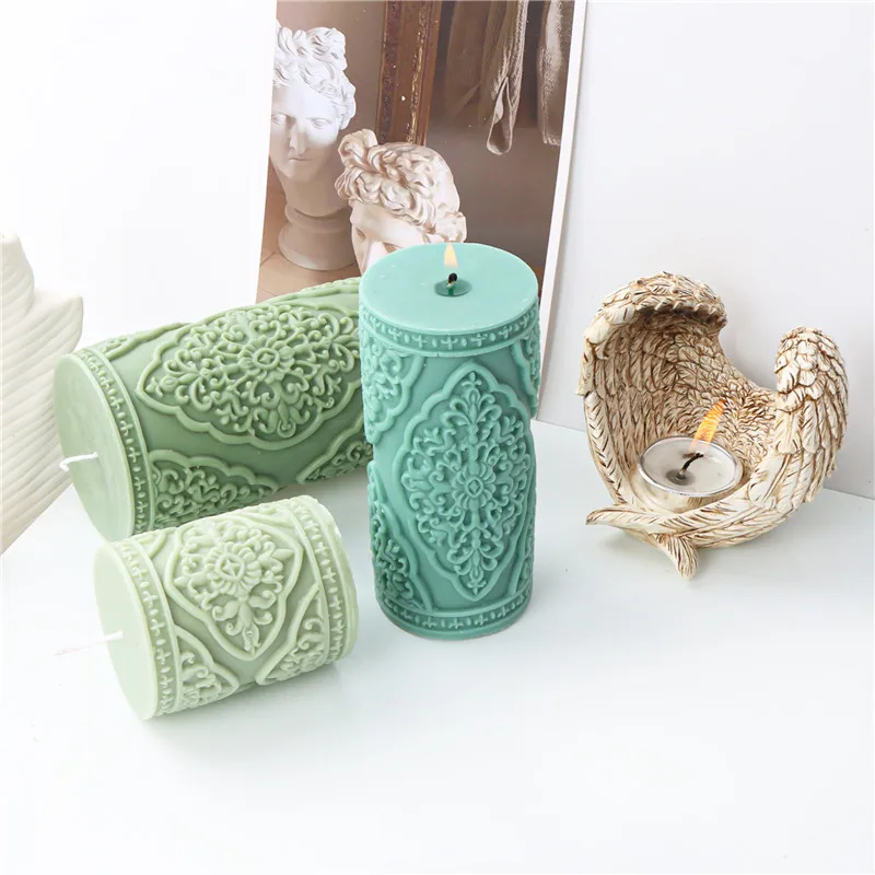 

Vintage Embossed Lace Round Post Candle Silicone Mold Gypsum form Carving Art Aromatherapy Plaster Home Decoration Mold Wedding