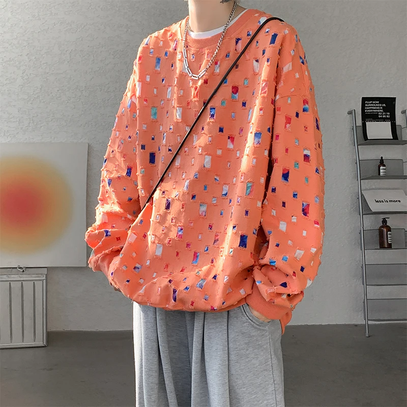 

Свитшот Mrgb Y2k мужской уличный, рваный топ с графическим принтом и дырками, Модный пуловер в Корейском стиле оверсайз с круглым вырезом, в стиле Харадзюку