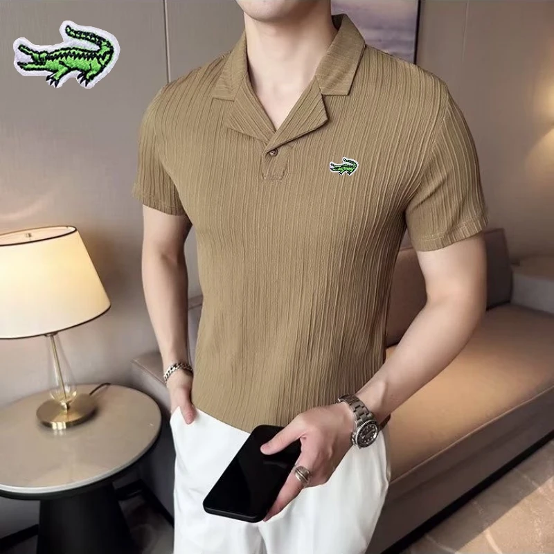 

Men's Embroidered High-end Knitted Ice Striped Polo Shirt New Summer American Suit Collar Fashion Casual Short Sleeved T-shirt