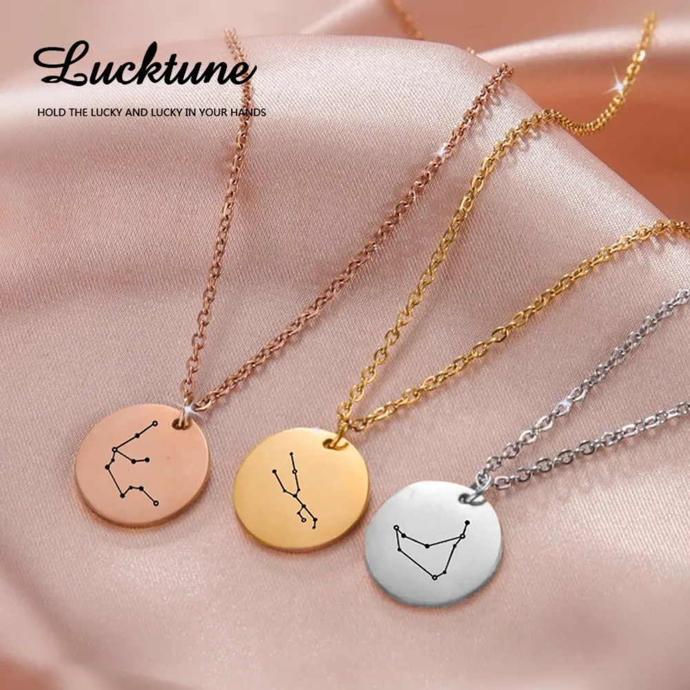 

Lucktune Round Glossy Geometric Zodiac Pendant Chain Necklace Constellation Choker Necklace Women Men Stainless Steel Jewelry