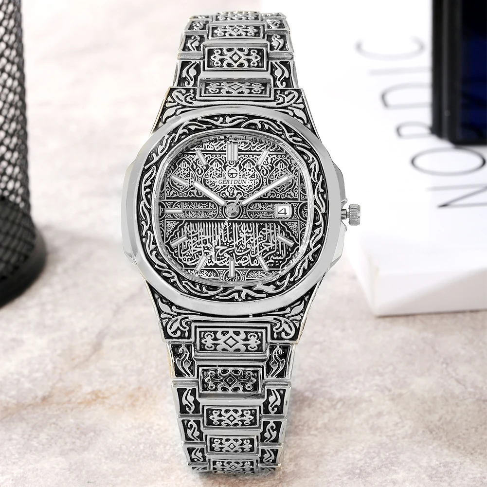 New Mens Watch Top Brand Luxury Silver Vintage Embossed Alloy Band Watch Fashion Business Quartz Wristwatch Gift for Boyfriend
