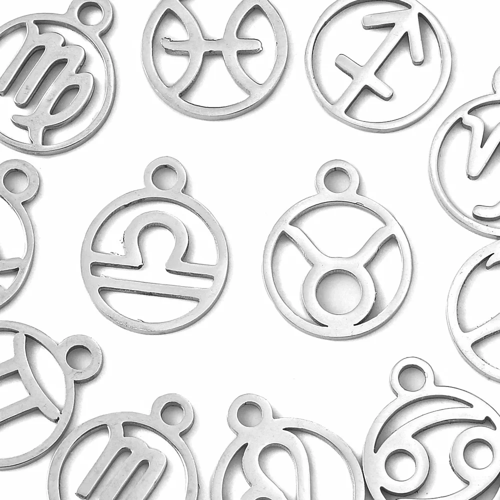 Stainless Steel 12 Zodiac Signs Small Charm a Package Round For Necklaces Bracelets DIY Handmade Accessories  Pendant