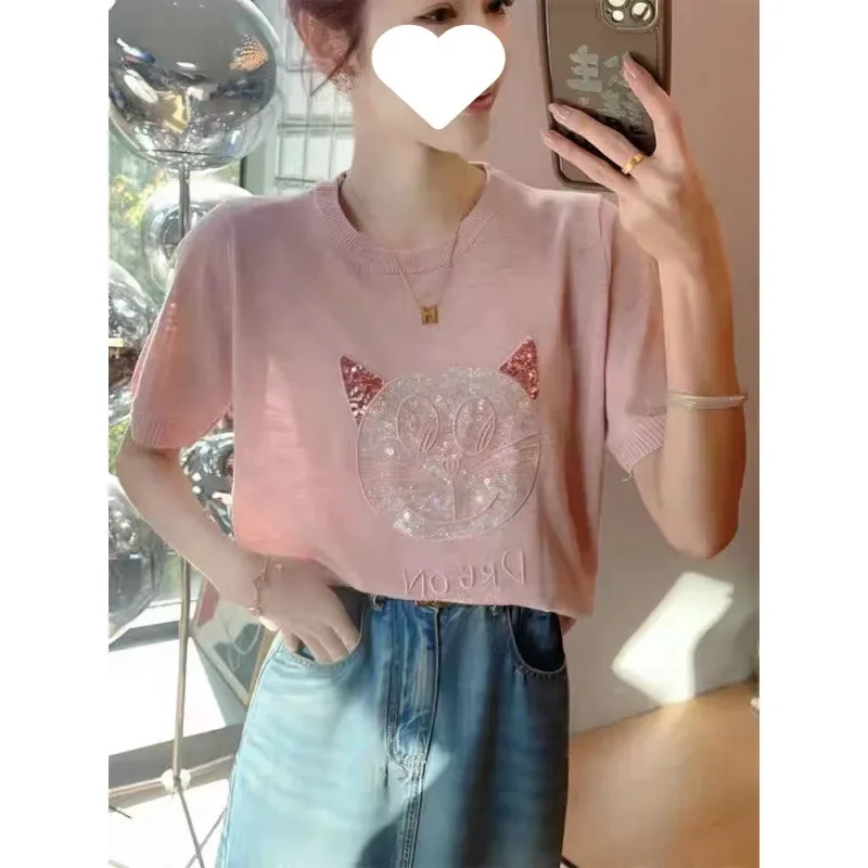 Белый вязаный Топ из ледяного шелка женский модный Свободный с коротким рукавом