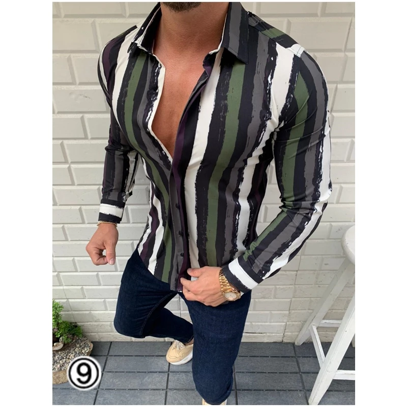 Men Shirt Summer Slim-Fit Cardigan Striped Shirt Men's Casual Long Sleeve Single-Breasted Turn-down Collar Gradient Color Shirt