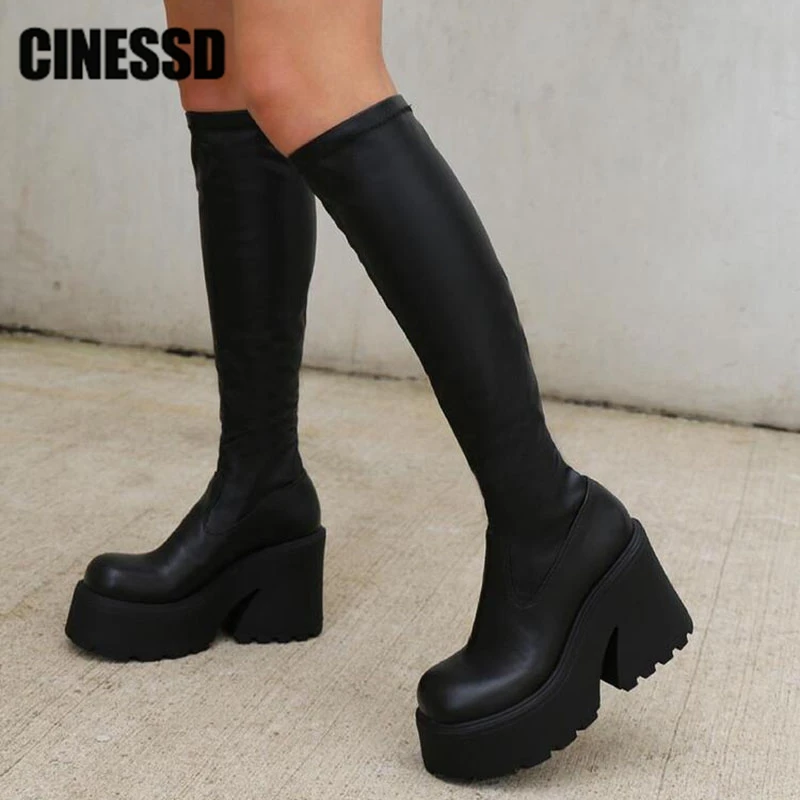 Женские мотоциклетные сапоги до колена черные на платформе и толстом каблуке