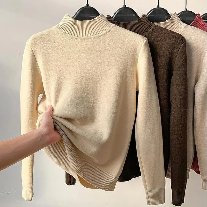 

Korean Turtleneck Slim Thicken Plus Velvet Sweater Woman 2022 Winter Knitted Pullovers Casual Fleece Warm Knitwear Tops 22846