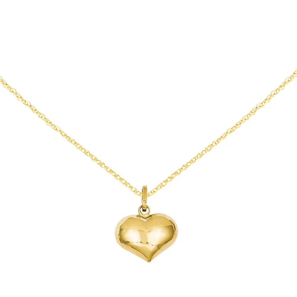 

NEW 14 Karat Yellow Gold 3-D Puffed Heart Pendant with 18-inch Cable Rope Chain