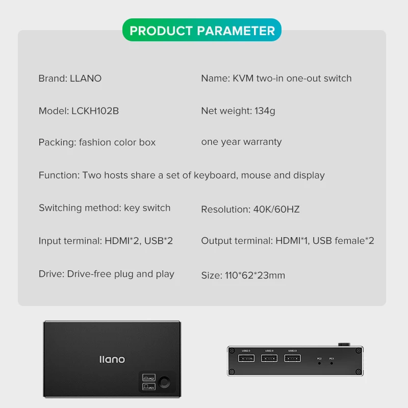 Llano HDMI 2.0 сплиттер квм переключатель экрана 2 в 1 выключатель 40K / 60Hz USB адаптер