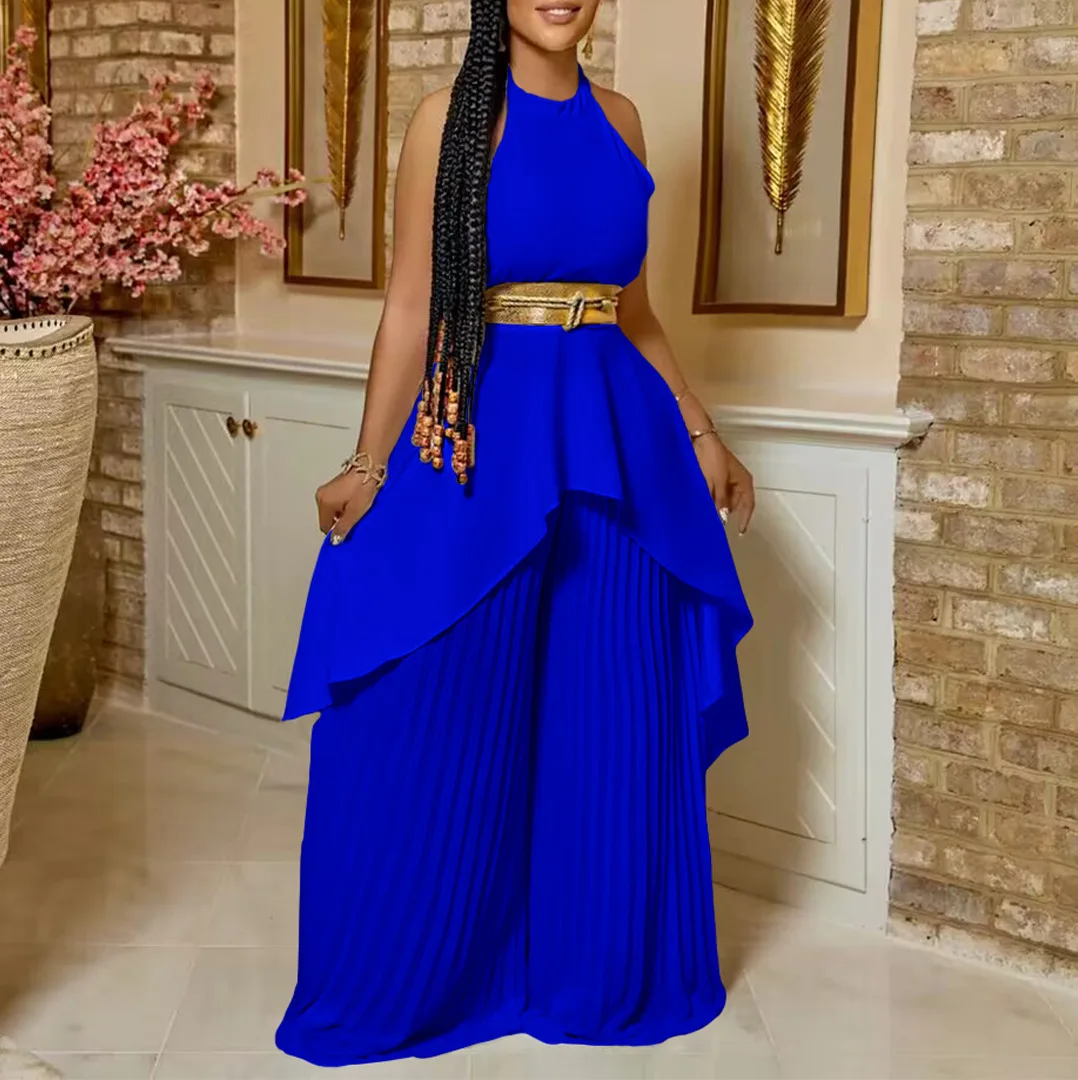 Plus Size Matching Sets Halter Tops And Wide Leg Pants With Belt Female Luxury Fashion Women Clothing 2023 Summer Two Piece Sets