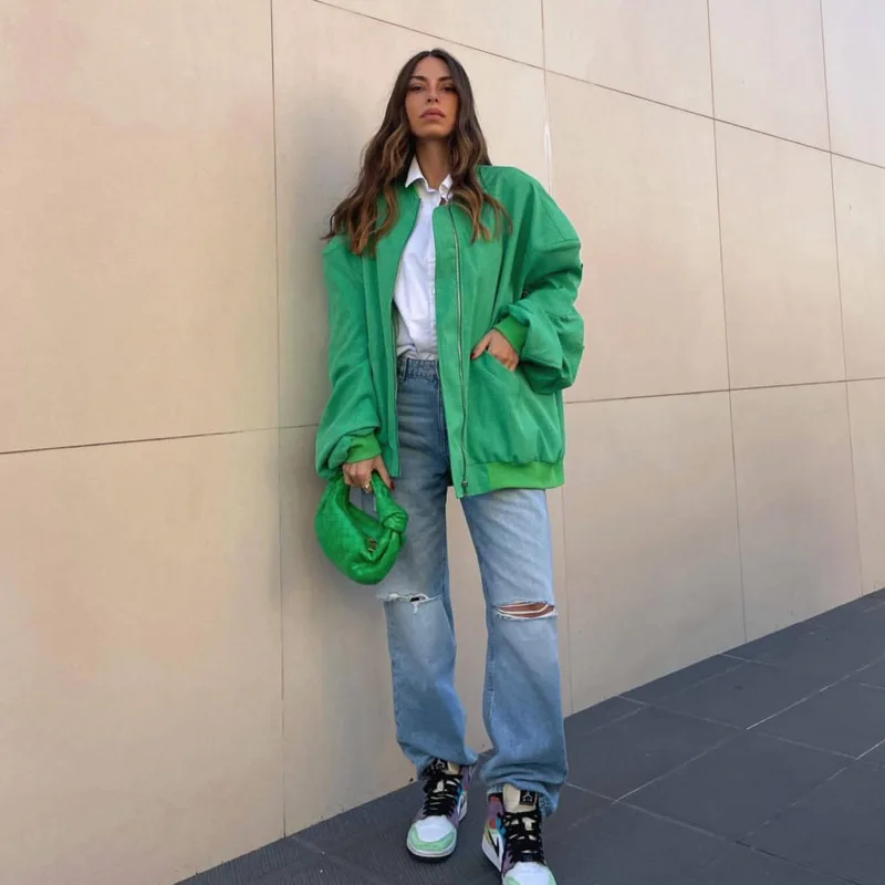 Green Fashion Bomber Jackets For Women 2022 Autumn Winter Pocket Decoration Loose Jacket Oversized Cotton Padded Lady Coats
