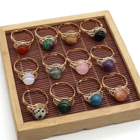 1pc fashion rings natural semi precious 10mm stone copper wire ring 16colors round shaped adjustable size bud opening love gift