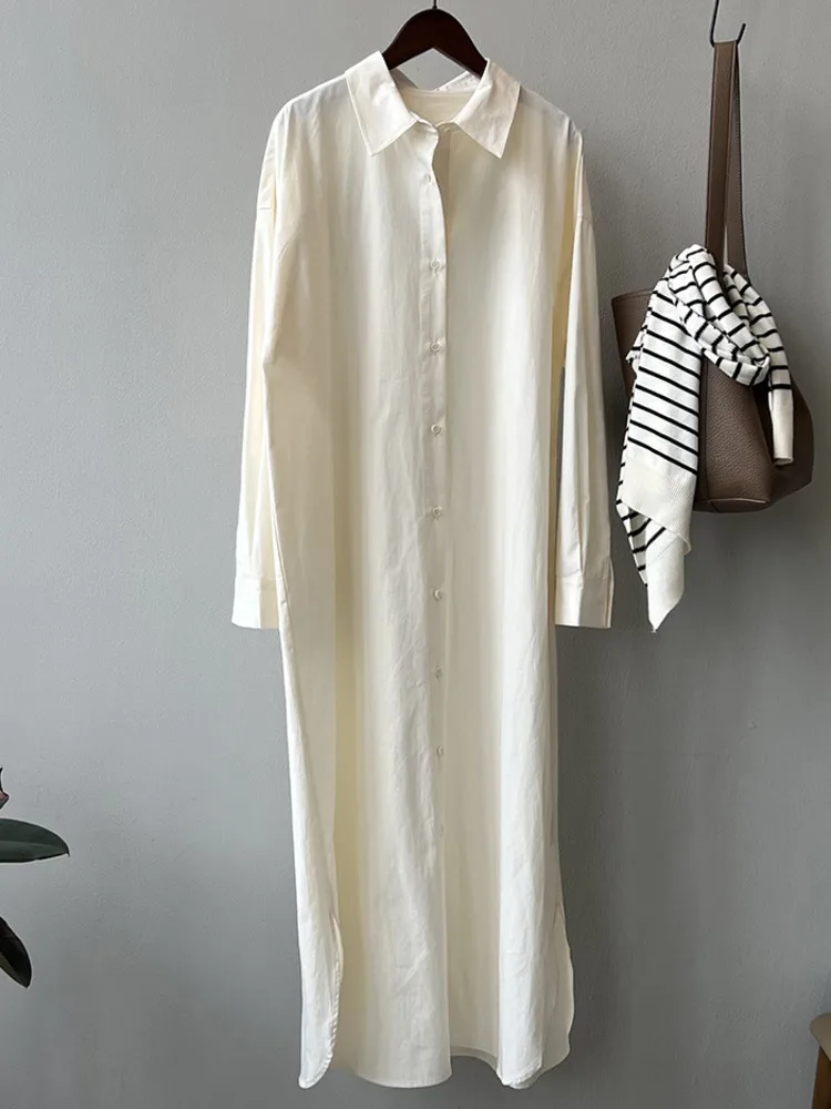 [HAIBE] Хорошее качество темпераментное длинное платье-рубашка с разрезом женское