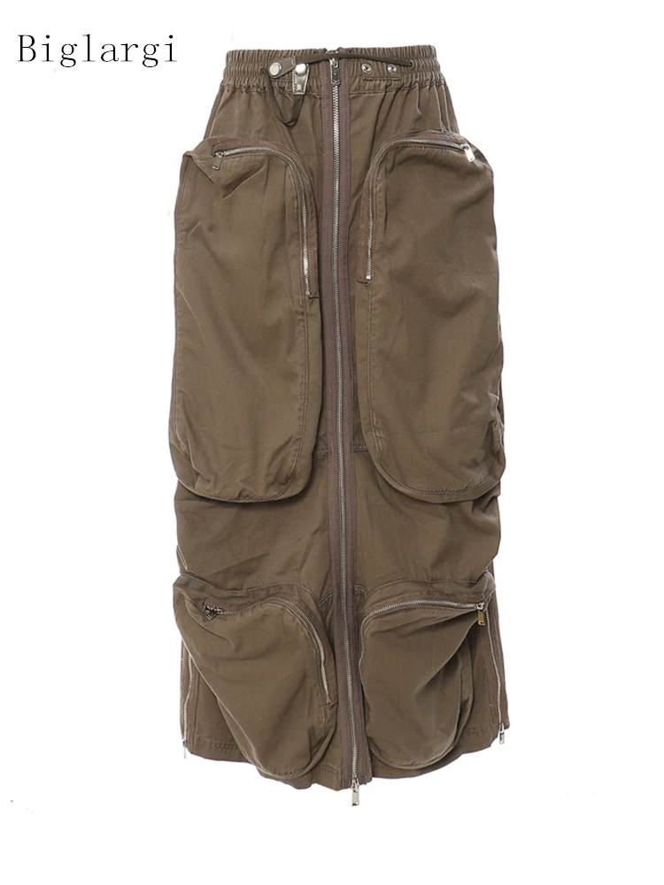 

Spring Autumn 2022 High Elastic Waist Skirt Women Brown Pocket Zipper Long Casual Half-body Skirt Feamle Fashion
