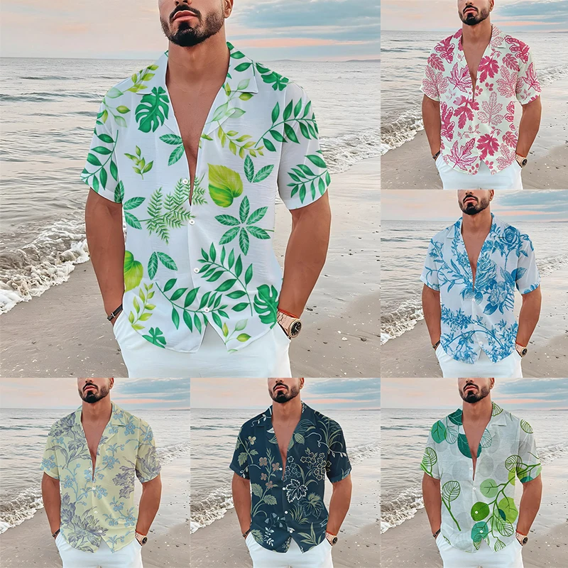 

Men New Lapel Shirts Summer Flower and Leaf Short Sleeve OverSized T-Shirt 3XL Casual 2023 Fashion 3D Digital Printing Tops Tees