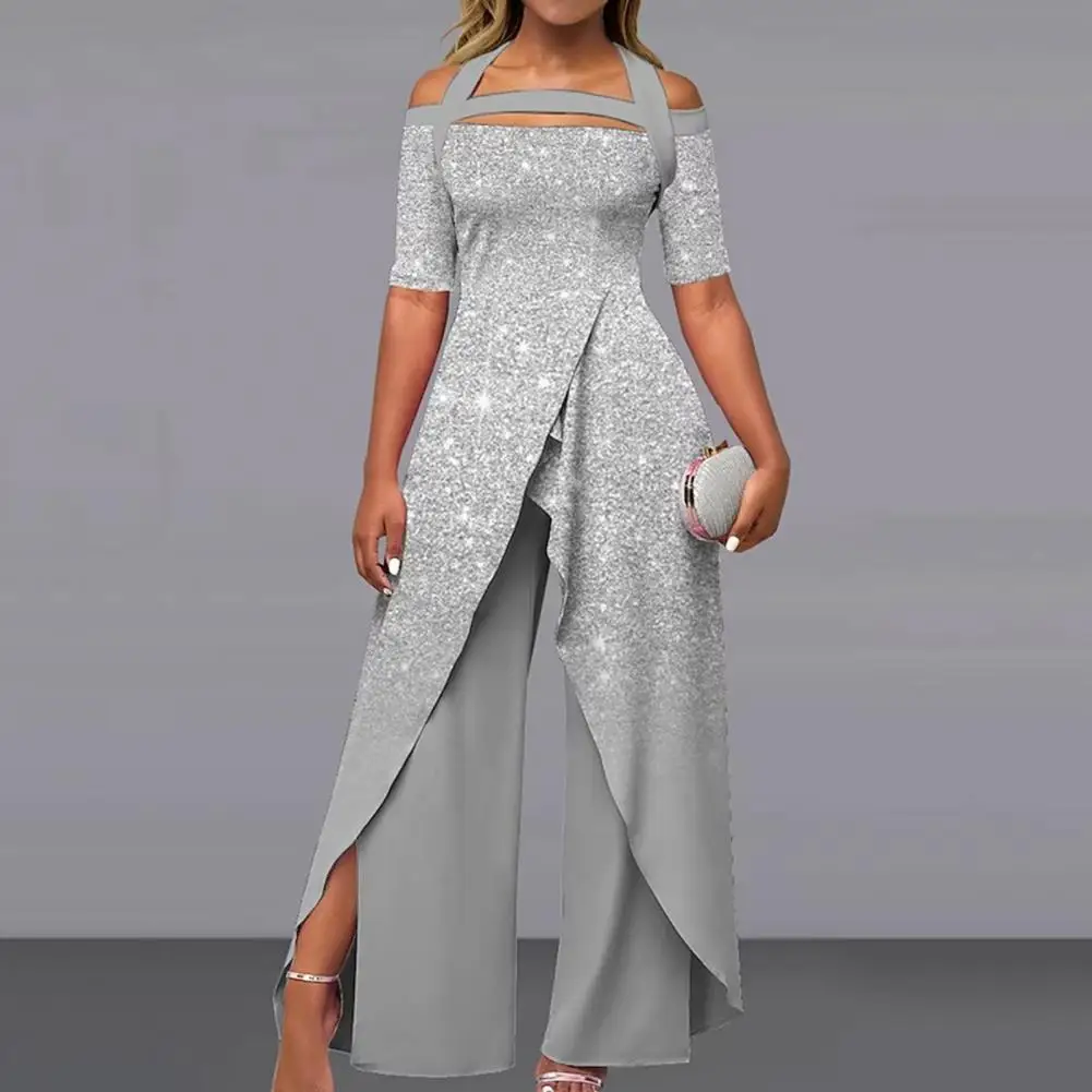 

Lady Jumpsuit Halter Neck Hollow Out Half Sleeve Off Shoulder Irregular Hem Wide Leg Straight High Waist Split Jumpsuit