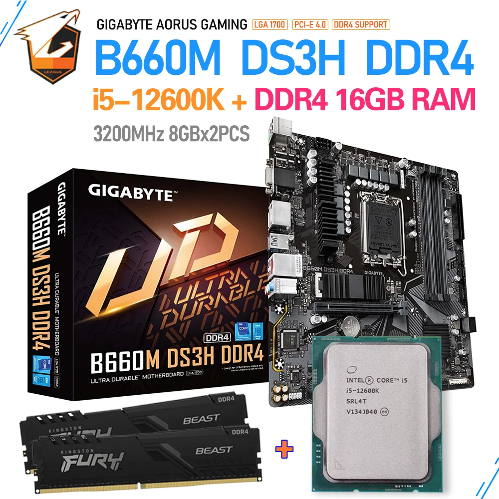 

LGA 1700 i5 12600K CPU With Gigabyte B660M DS3H DDR4 Motherboard Ram Suit + Kingston 3200MHz 16GB Desktop Memory PCIE 4.0 M-ATX