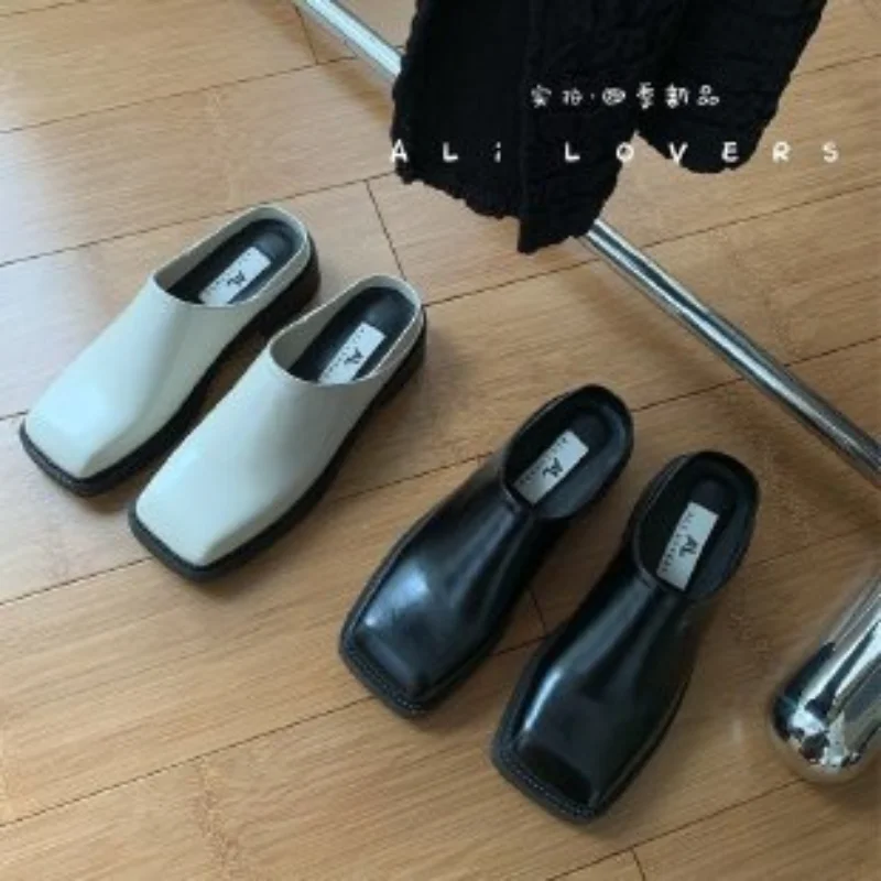 

Women's Slippers Chunky Heeled Baotou Simple Slippers Comfortable Office Mule Shoes Outwear Home Square Head Slippers Zapatos