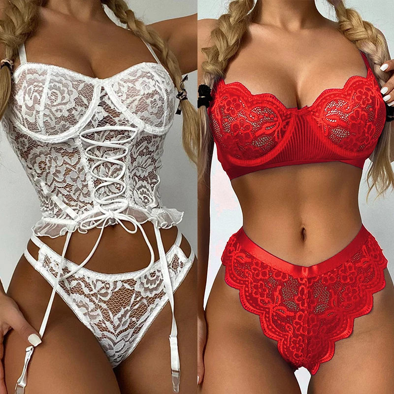 

2023 Women's Sexy Clothing Erotic Lingerie Lace Lacing Push Up Bra Set Transparent Floral Garter Intimate Underwear 2 Piece Set