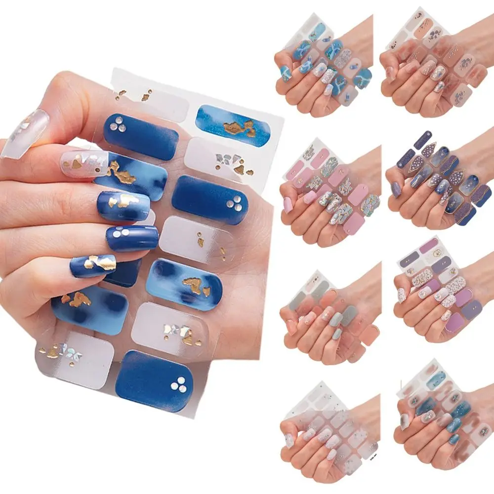

1 лист/14 шт., полузатвердевающие гелевые наклейки для ногтей, простые блестящие гелевые наклейки, наклейки для дизайна ногтей
