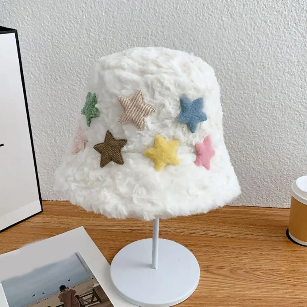 

Women's Autumn And Winter Plush Bucket Hat Flat Dome Wide Brim Colorful Star Decorated Basin Hat Outdoor Furry Fisherman Hat
