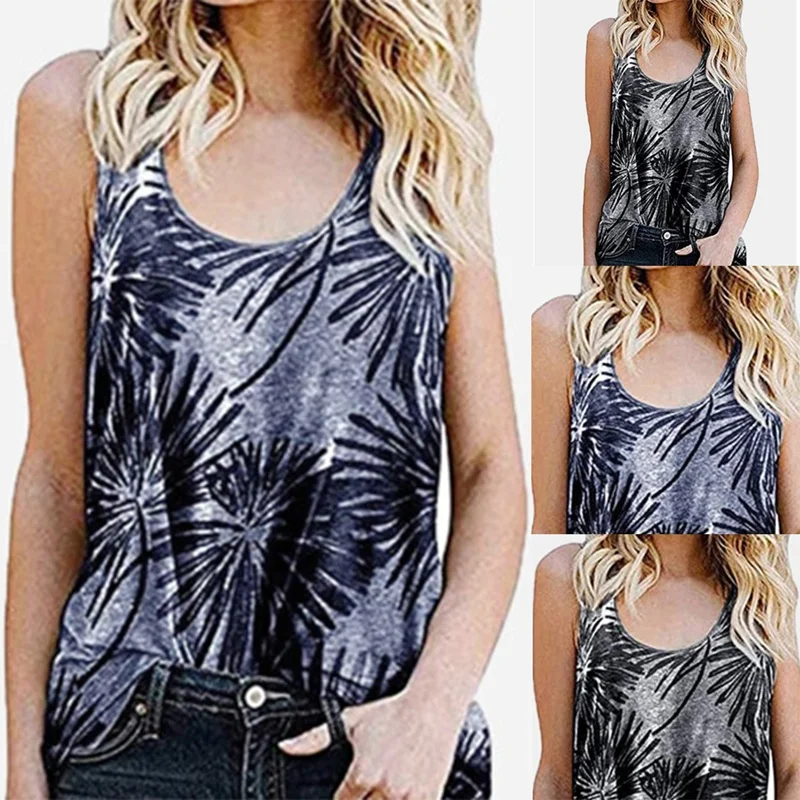 

ASDS-Women's Summer Sleeveless Vest Low Round Neck Casual Top Printed T-Shirt